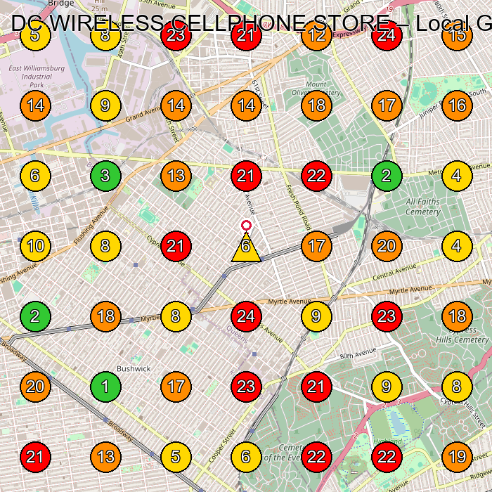 DC WIRELESS CELLPHONE STORE Cell Phone Store GeoGrid ranking map for Brooklyn NY